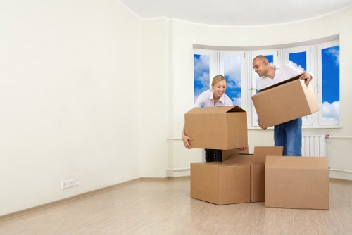 Recycling containers and moving supplies representing sustainable removals