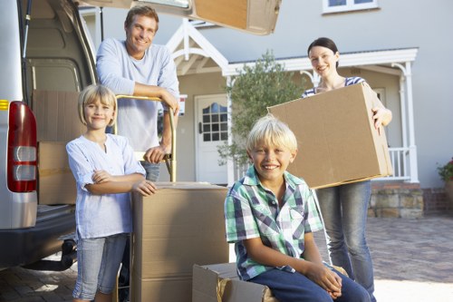 Moving boxes and furniture prepared for transport by removal van